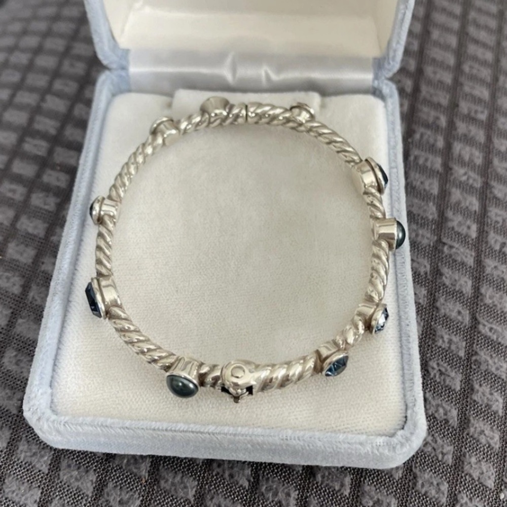 Brighton MONTE CARLO Silver Rope Hinged Blue Crystal Faux Pearl Bangle Bracelet - Picture 3 of 12